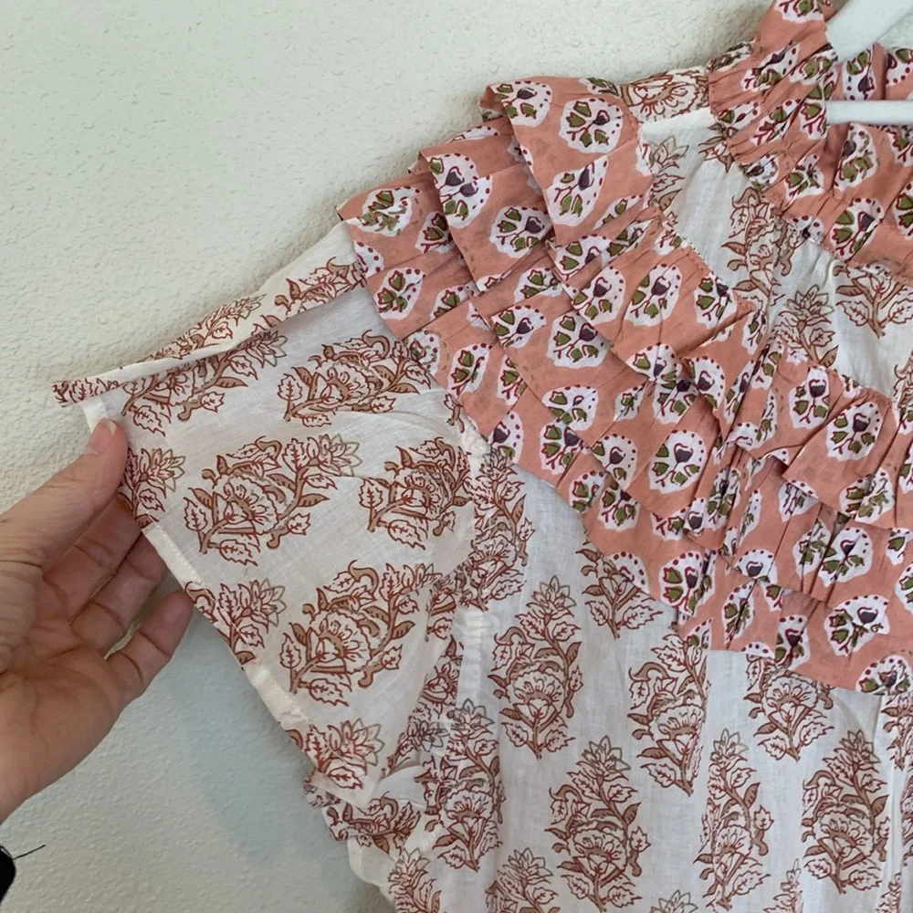 Ruffled High-Neck Floral Blouse - Pink/White - Picture 5 of 10